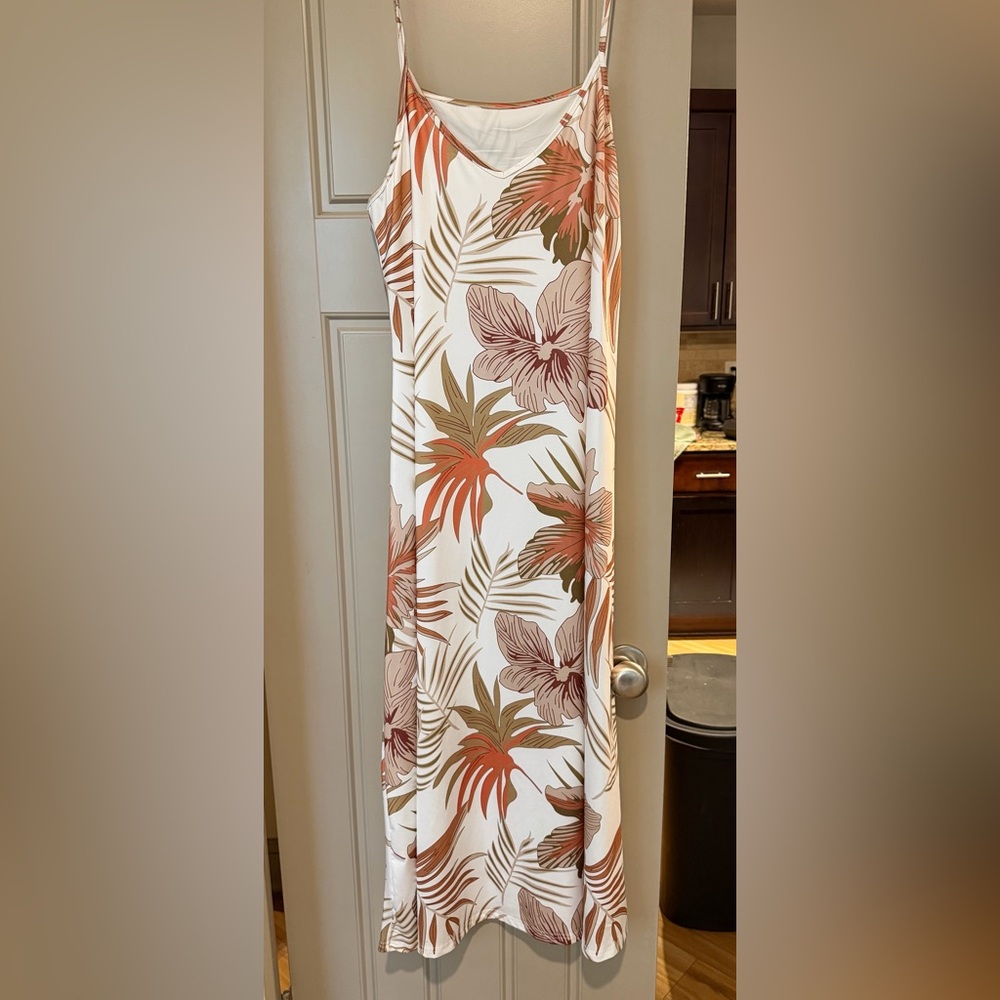 SHEIN White Maxi Slip Dress with Rust and Olive Tropical Print
